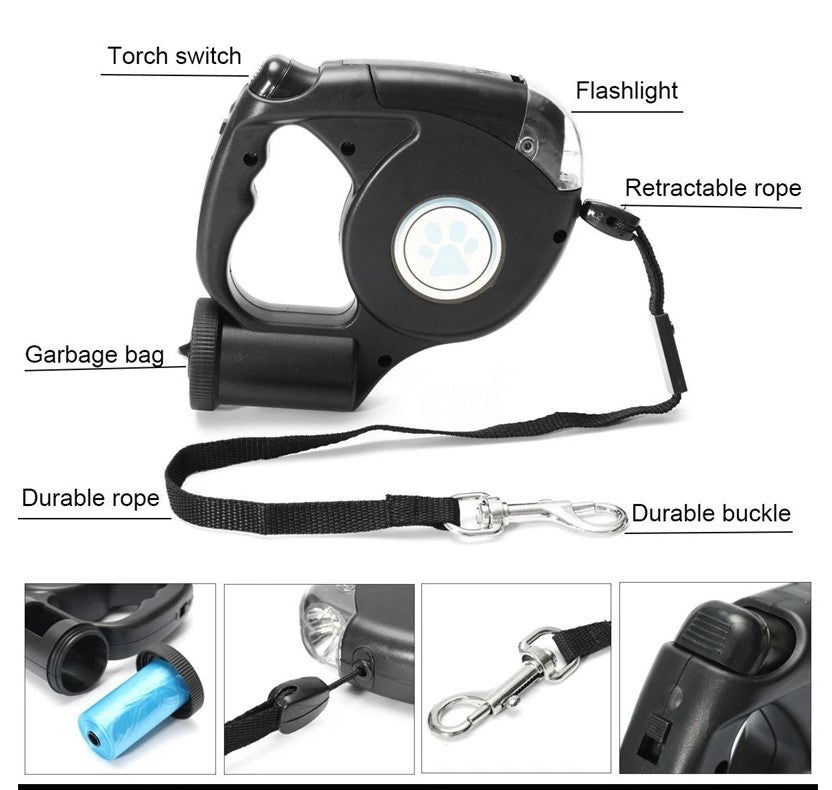 4.5M LED Flashlight Extendable Retractable Pet Dog Leash Lead with Garbage Bag_4