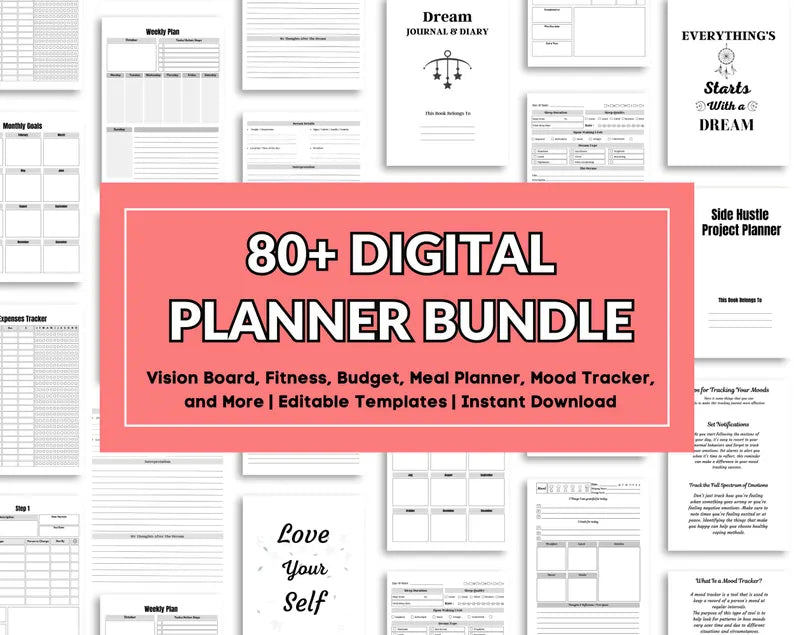 80+ Digital Planner Bundle | Vision Board, Fitness, Budget, Meal Planner, Mood Tracker & More Editable Canva Templates | Instant Download