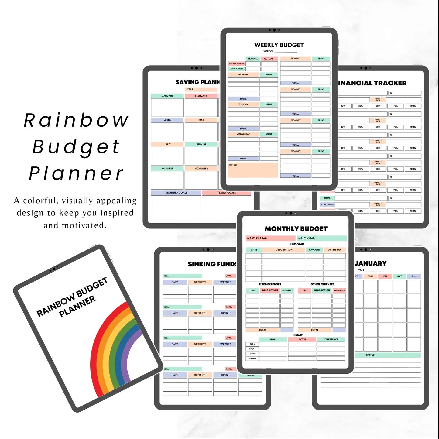 Editable Budget Planner Bundle  / Monthly Tracker / Debt & Savings Tracker / 12-Week Challenge / Rainbow Financial Planner Canva Templates