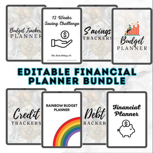 Editable Budget Planner Bundle  / Monthly Tracker / Debt & Savings Tracker / 12-Week Challenge / Rainbow Financial Planner Canva Templates