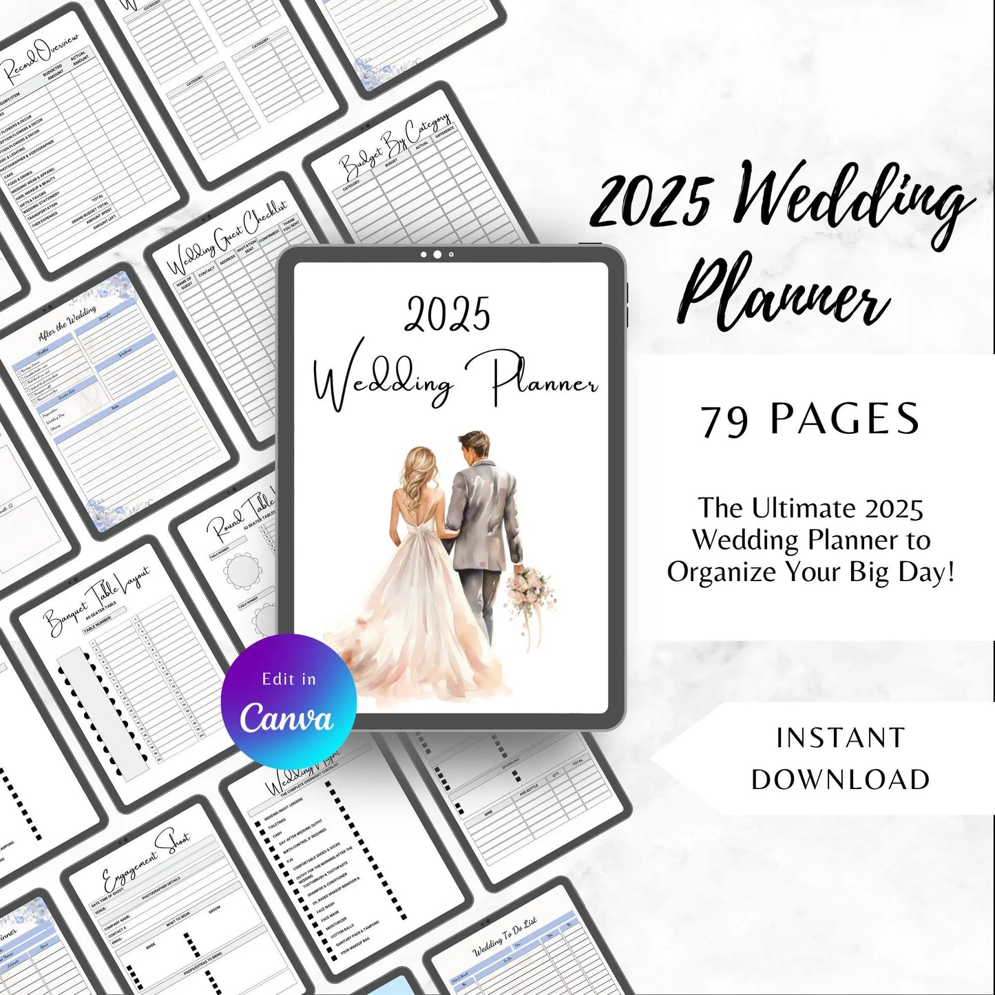 2025 Wedding Planner Template | 79 Pages of Checklists, Budget Tracker, Guest List & More | Instant Download for Brides and Grooms